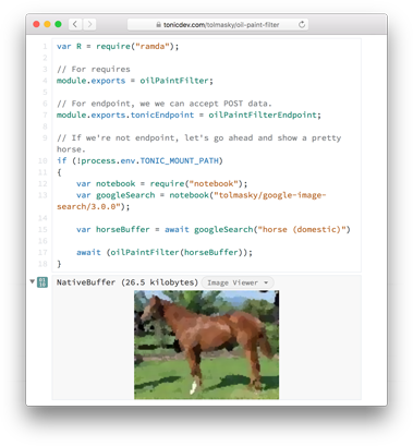 A screenshot of the RunKit notebook showing an oil painting version of a horse image