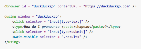 A code example of using DemoKit to open a page on DuckDuckGo