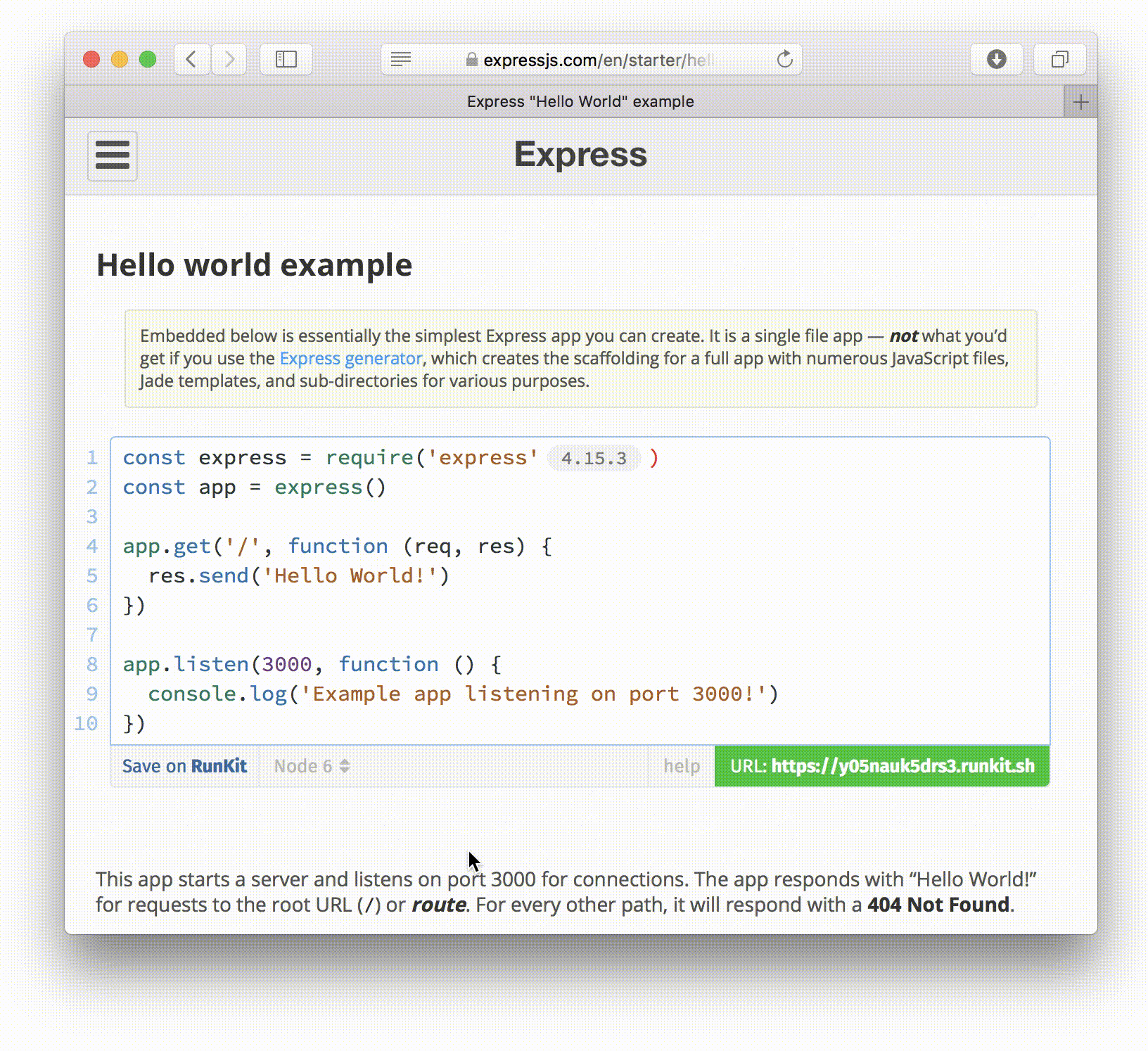 An animated screen capture of the new expressjs.com Getting Started page showing the starter example running in as a RunKit embed endpoint