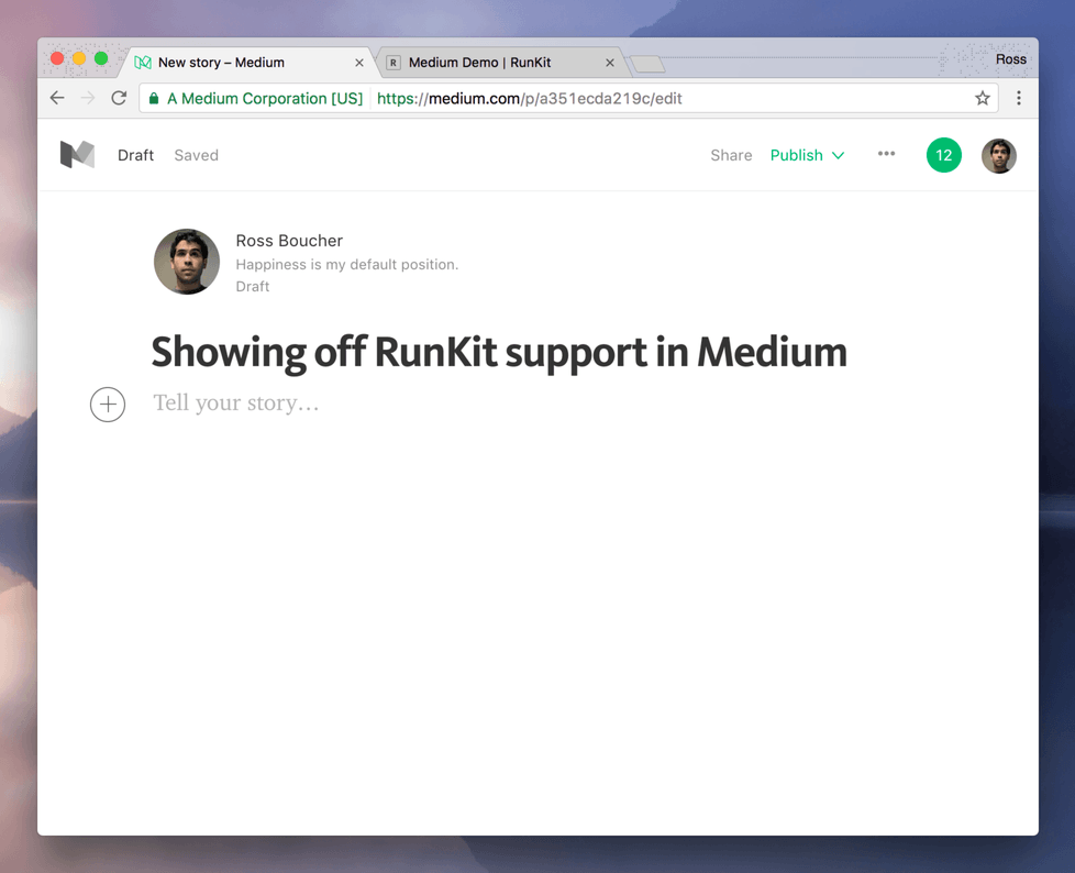 An animation of adding a RunKit embed to a Medium document