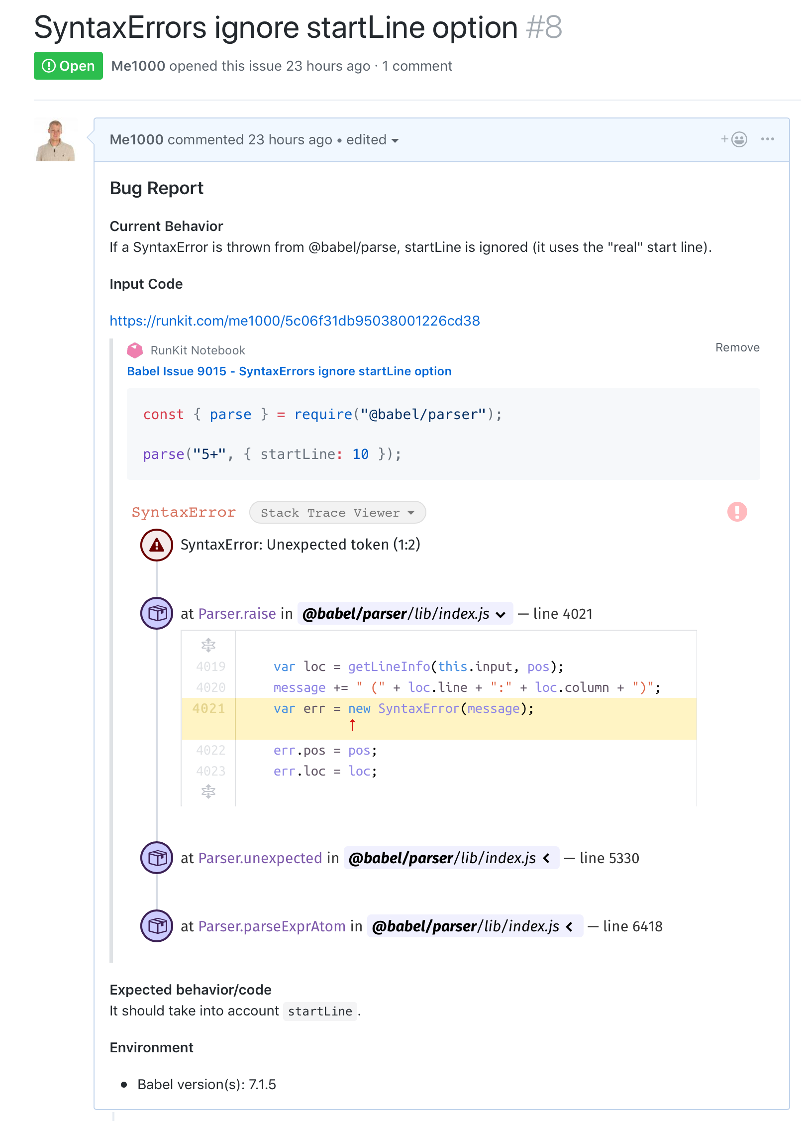 An inlined image of a Babel parser bug in the babel parser repository